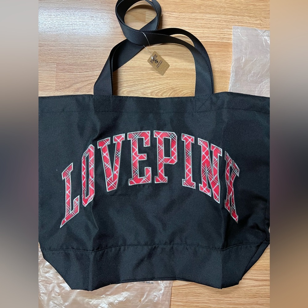 PINK LOVEPINK tote bag with zip close Victoria's Secret black & red silver NWT